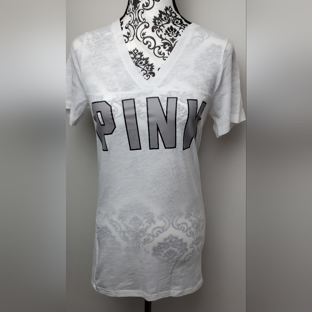 Victoria's Secret Pink Short Sleeve V-Neck Tee Shirt Top White Gray M